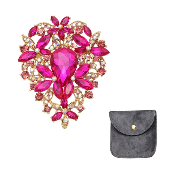 Uxcell Vintage Crystal Rhinestone Brooch for Women, 3.3 Inch Flower Lapel Pins Alloy Rhinestone Leaf Bouquet Brooch Pin for Scarves Dress Hat Suit Wedding, Rose Red