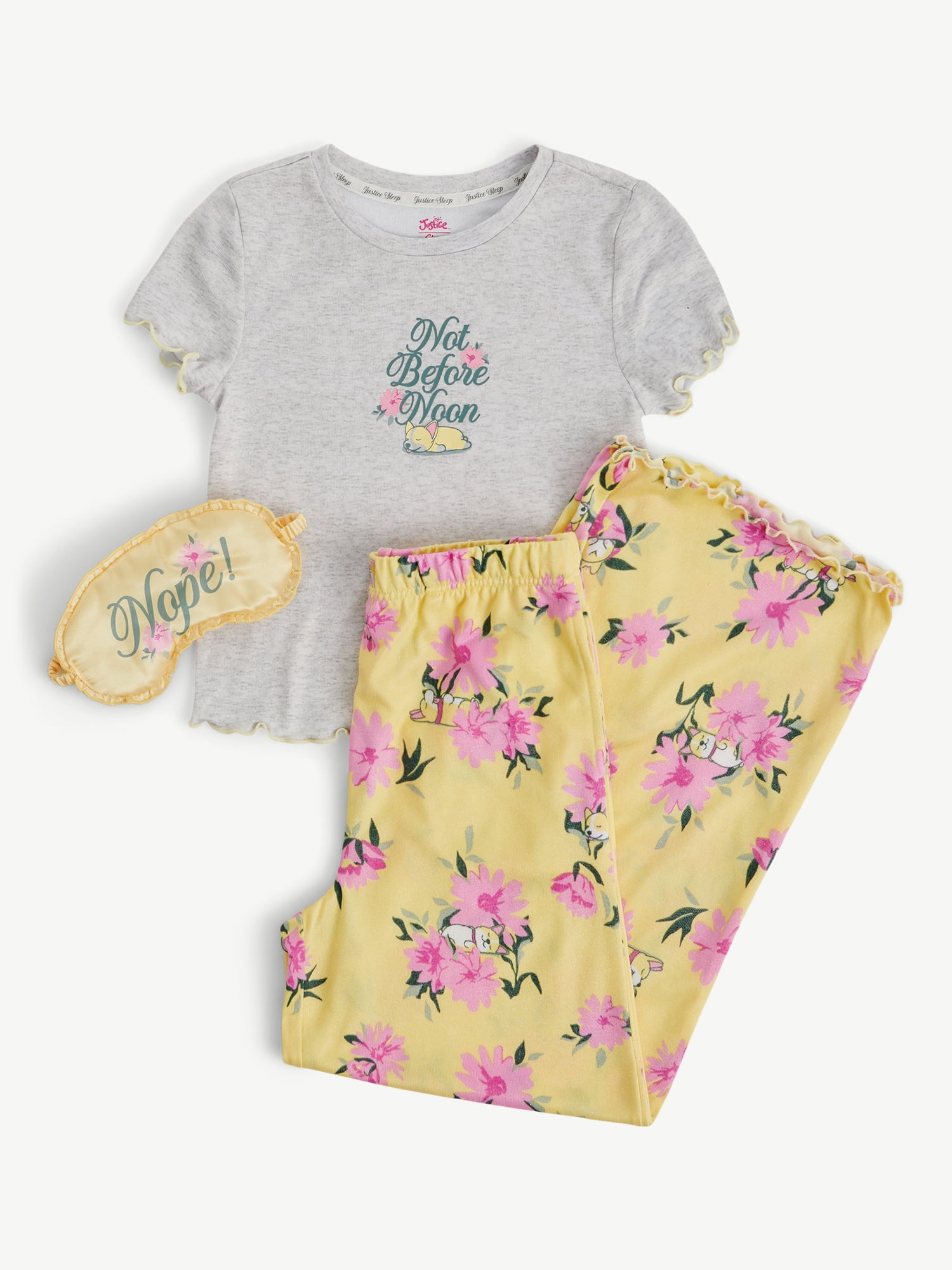 Justice Girls Short Sleeve Tee, Pants and Eye Mask Pajama Set, 3-Piece, Sizes 5-18