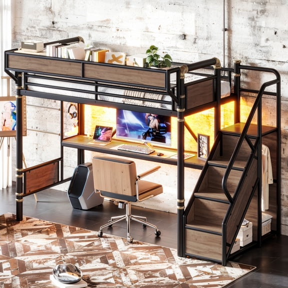 Twin Loft Bed w/ Desk & Outlet, LED, Storage Stairs, Pegboard,Black