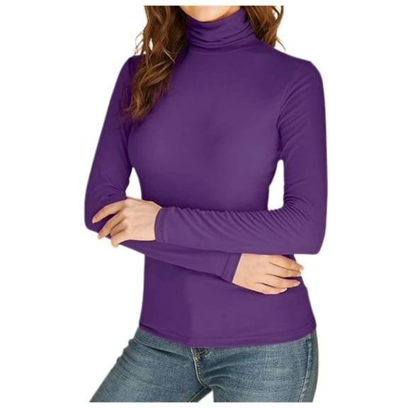 DuoJiaJ Womens Long Sleeve Shirts Neck Basic Slim Fitted Tops Lightweight Stretch Base Layer T-Shirt Purple L