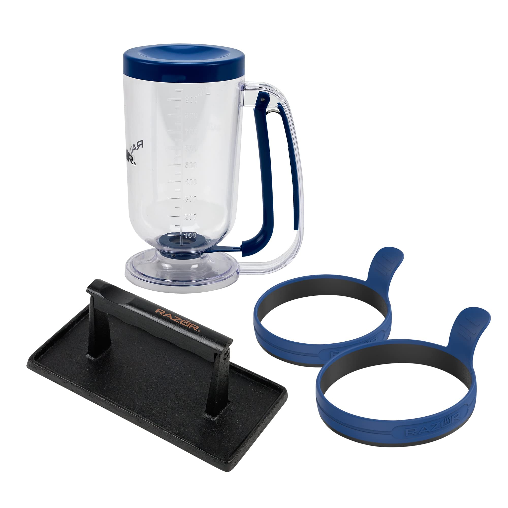 RAZOR 4 Piece Breakfast Kit for Griddle Pancake Batter Dispenser, 2 Silicone Egg Rings, and