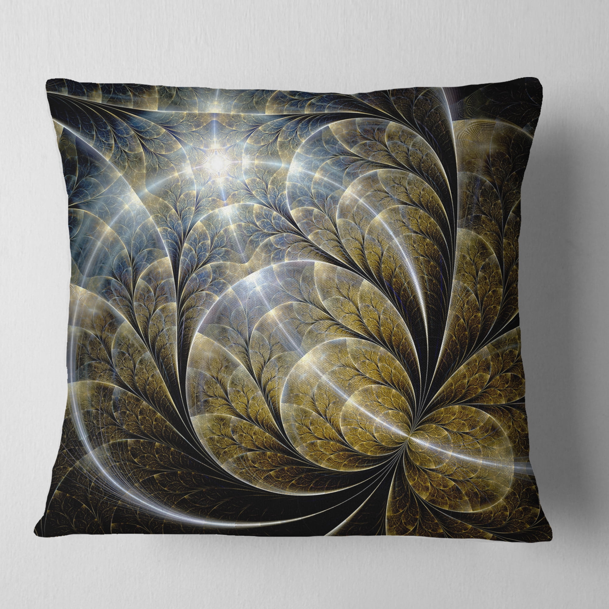 Designart Symmetrical Gold Fractal Flower with Lighting - Floral Throw Pillow - 18x18