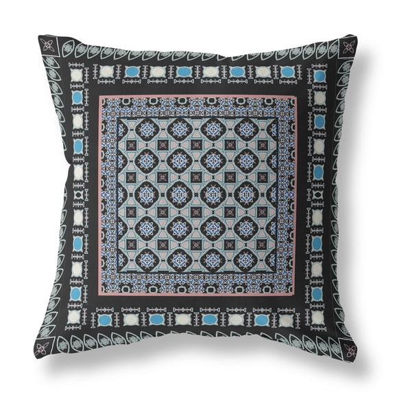 Floral Windows Indoor/Outdoor Fabric Pillow with Zip in Black Blue 20x20