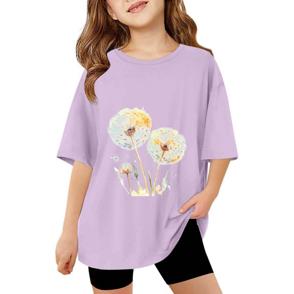 XXWXYD Girls Dandelion Floral Graphic T-Shirt, Boho Style Crew Neck Short Sleeve, Summer Holiday Cute Casual Tee Tops