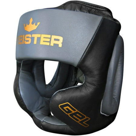 Meister Gel Full-Face Training Head Guard for MMA, Boxing & Muay Thai - Black/Charcoal/Gold - Small / Medium