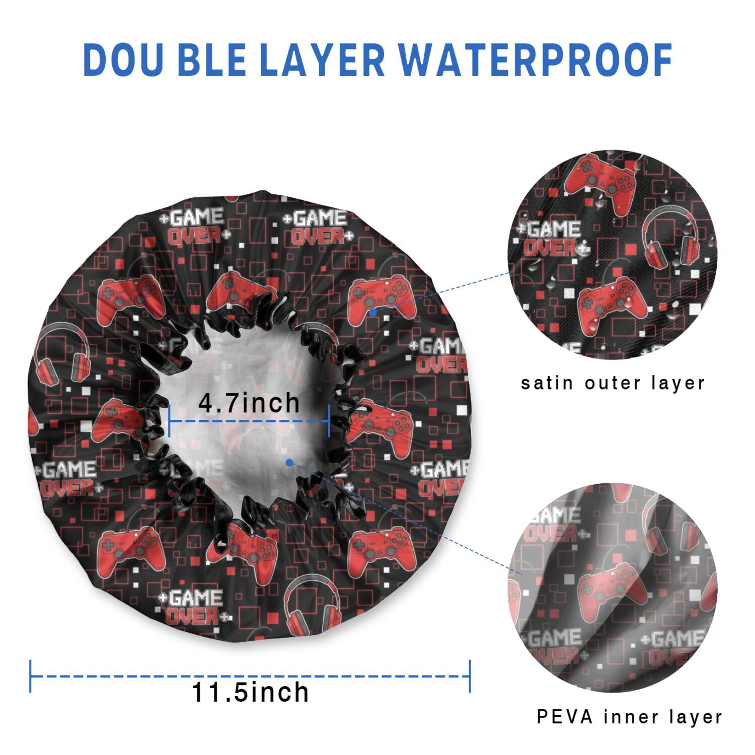 Shower Caps,Red Controllers Games Icons Black Pattern Waterproof Shower Cap for Women 4 Pieces,Double Reusable Hair Cover for Shower PEVA Elastic Stretch Hem