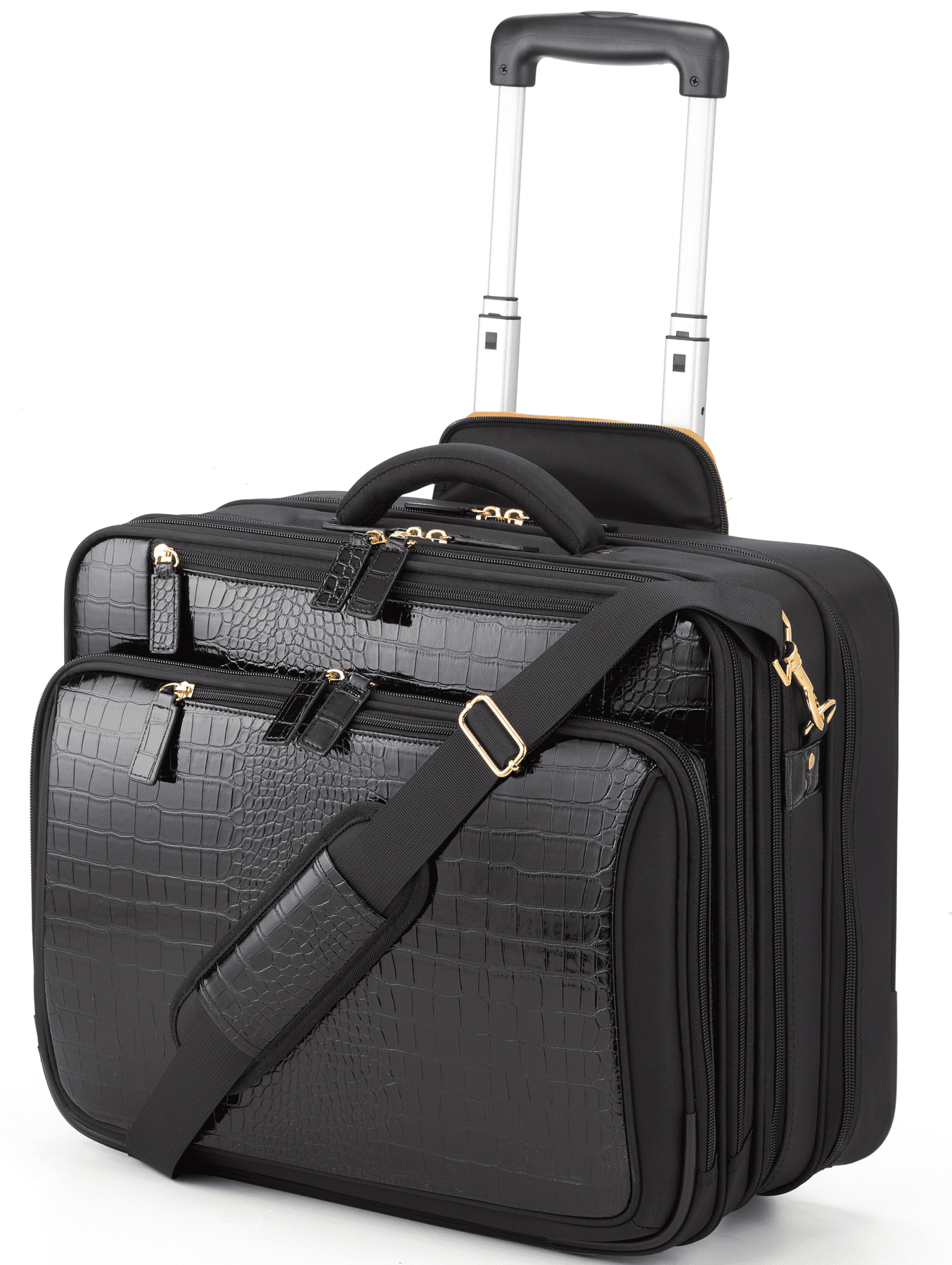 Francine Collections 15” inch Croco Rolling Briefcase | Telescopic Handle | Laptop Bag (Black)