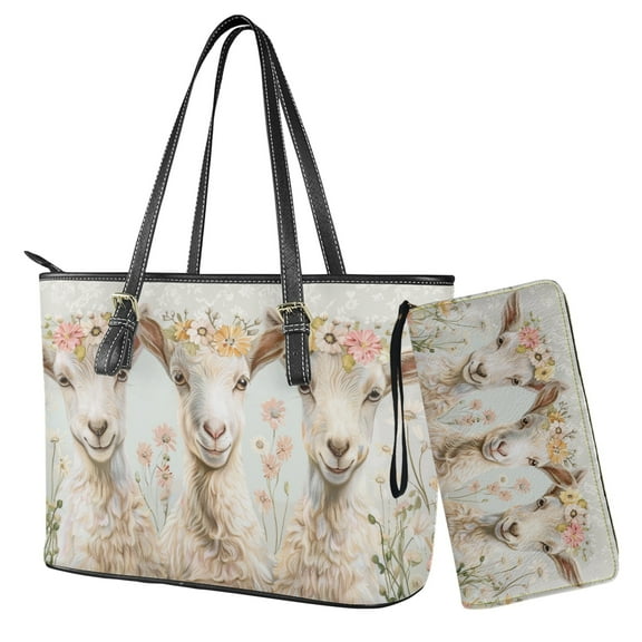 ZUXONGSY Goat Daisy Flower Print Tote Handbag for Women Top Handle Satchel Bag With PU Zipper Purse, Large Purse and Wallet Set