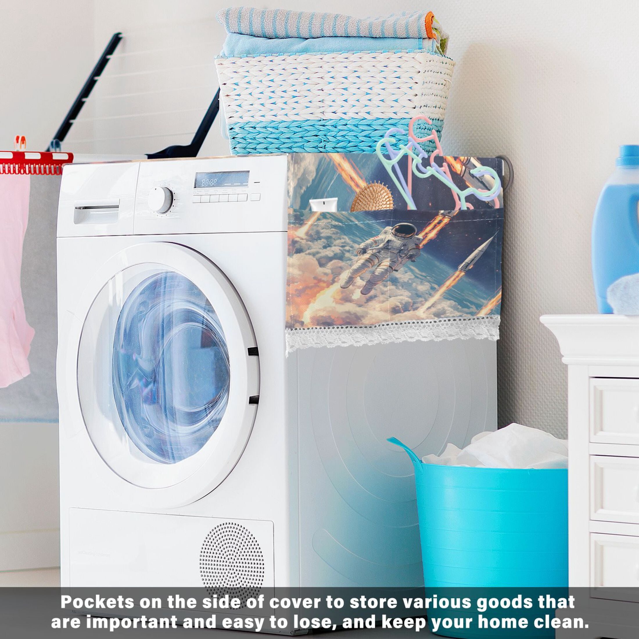 Astronauts Fly Into SpaceWasher and Dryer Covers Dust-Proof and Oil Resistant Fridge Cover with 4 Storage Pockets Washing Machine Top Cover for Laundry Kitchen Home 51.2 x 22 In