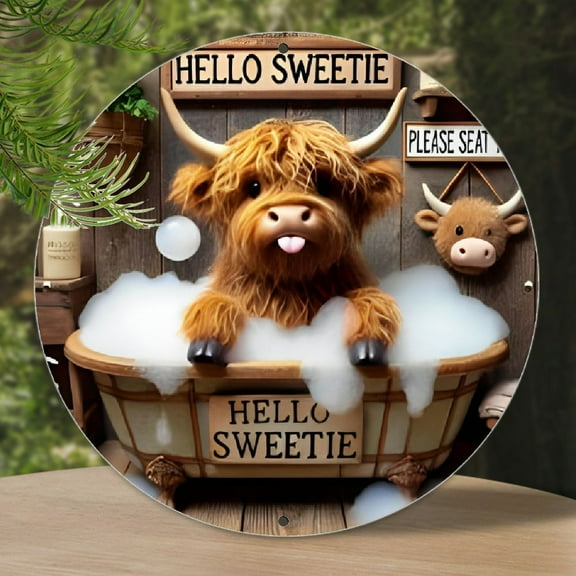 7.8"x7.8" Whimsical Highland Cow in Tub Rustic Wall Art Sign - Decorative Vintage Round Wreath Metal Plaque for Home, Porch, Bedroom, Office, Cafe, Bar - Charming Country Bathroom Humor Decor, Outdoor