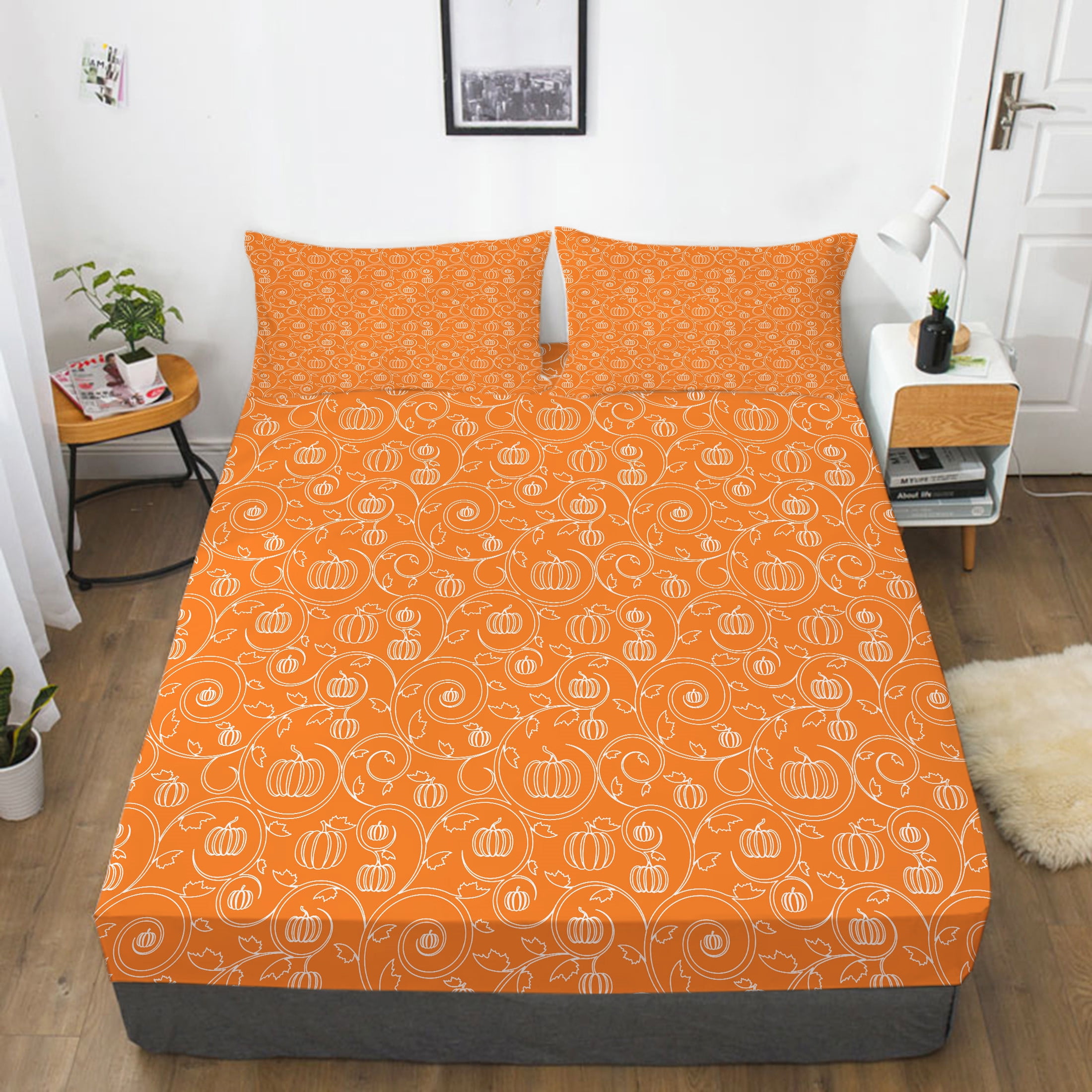 Orange Bedding Set Pumpkin Printed Bedding Sheet with Pillowcase
