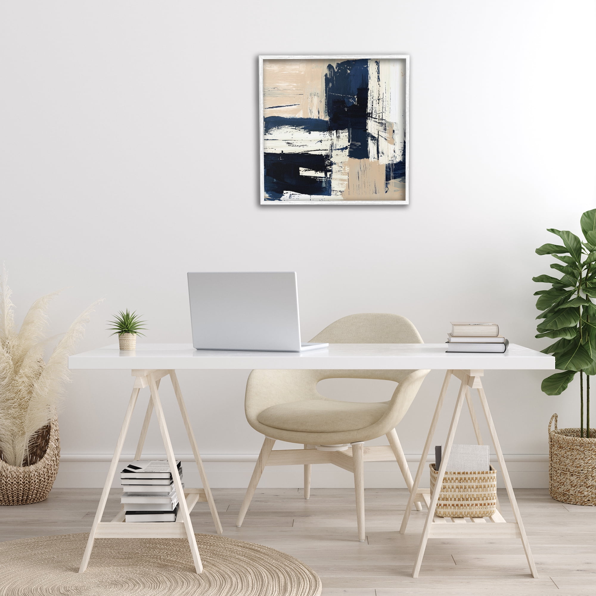 Stupell Industries Expressive Blue Tan Shapes Abstract Painting White Framed Art Print Wall Art, 24 x 24