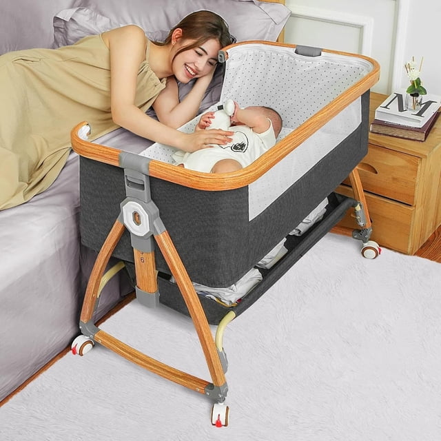 Cuna Multifuncional, Colecho para Padres, Cuna con Mosquitero, Portátil, Ajustable, Convertible a Mecedora, Rueda Silenciosa, Cesta de Almacenamiento(Gris Oscuro)