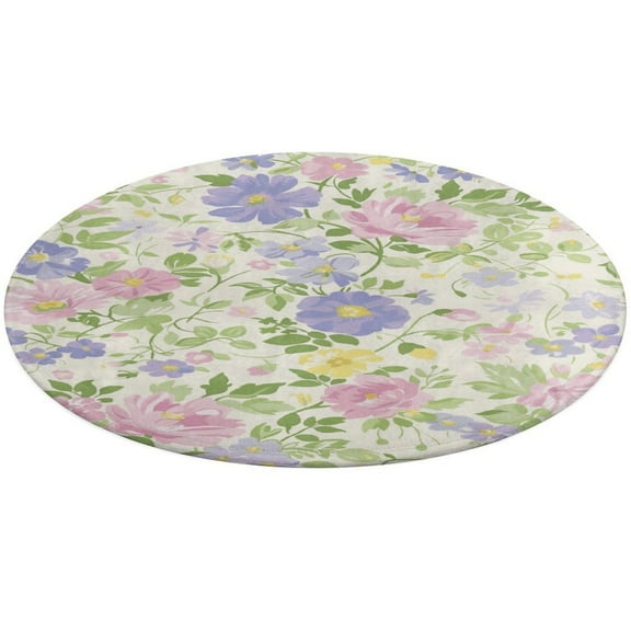 Floral Colorful Flower Soft Bedroom Round Area Rug, Washable Cute Nursery Circle Throw Mat, Non-Slip Contemporary Small Low Pile Floor Carpet for Dorm Bedside