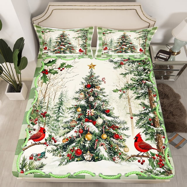 YST Christmas Holiday Fitted Sheet Twin,Xmas Tree Bed Sheets Winter Christmas Red Cardinal Bedding Set For Kids Adults,Green Checkered Grids Sheets Christmas Home Decor