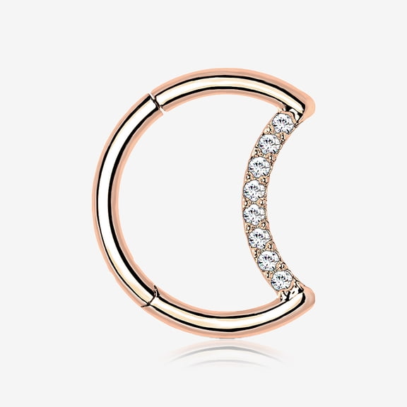 BM25 Implant Grade Titanium Rose Gold Crescent Moon Sparkle Clicker Hoop Ring-Clear Gem