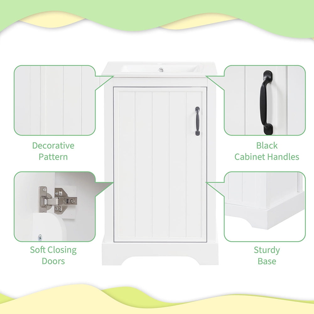 MIDOQIN 20" Bathroom Vanity with Sink, Free Standing Single Basin Vanity Set with Storage Rack Shelf & One Drawer, Wooden Bathroom Cabinet with Ceramic Basin