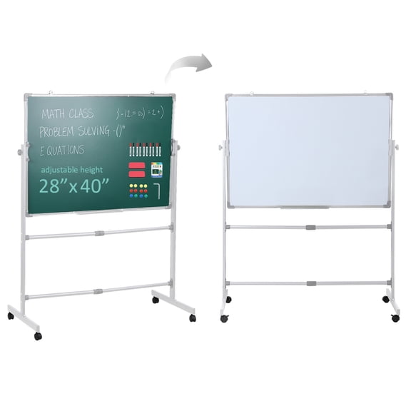 Sioweci 40x28 Inch Reversible Whiteboard,Double Side Board on Wheels, Height Adjustable 2-in-1 Rolling Mobile Easel Board with Markers Magnets