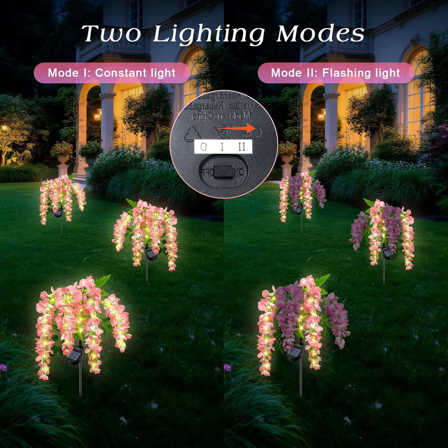 Ninonly 2 Pack Solar Garden Lights Outdoor, 2 Lighting Modes Solar Wisteria Flowers Lights Outdoor Waterproof for Landscape Courtyard Lawn Decor
