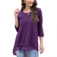 thumbnail image 1 of Top informal para mujer, cuello redondo, manga tres cuartos, dobladillo empalmado, Color puro, corte holgado, jersey para mujer, Top para viajes diarios, morado L, 1 of 6
