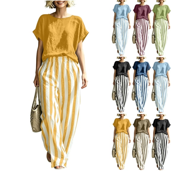 Plus Size Two Piece of Outfits for Womens Round Neck Short Sleeve Pinstripe Pocket Elastic Waist Long Pants Sets