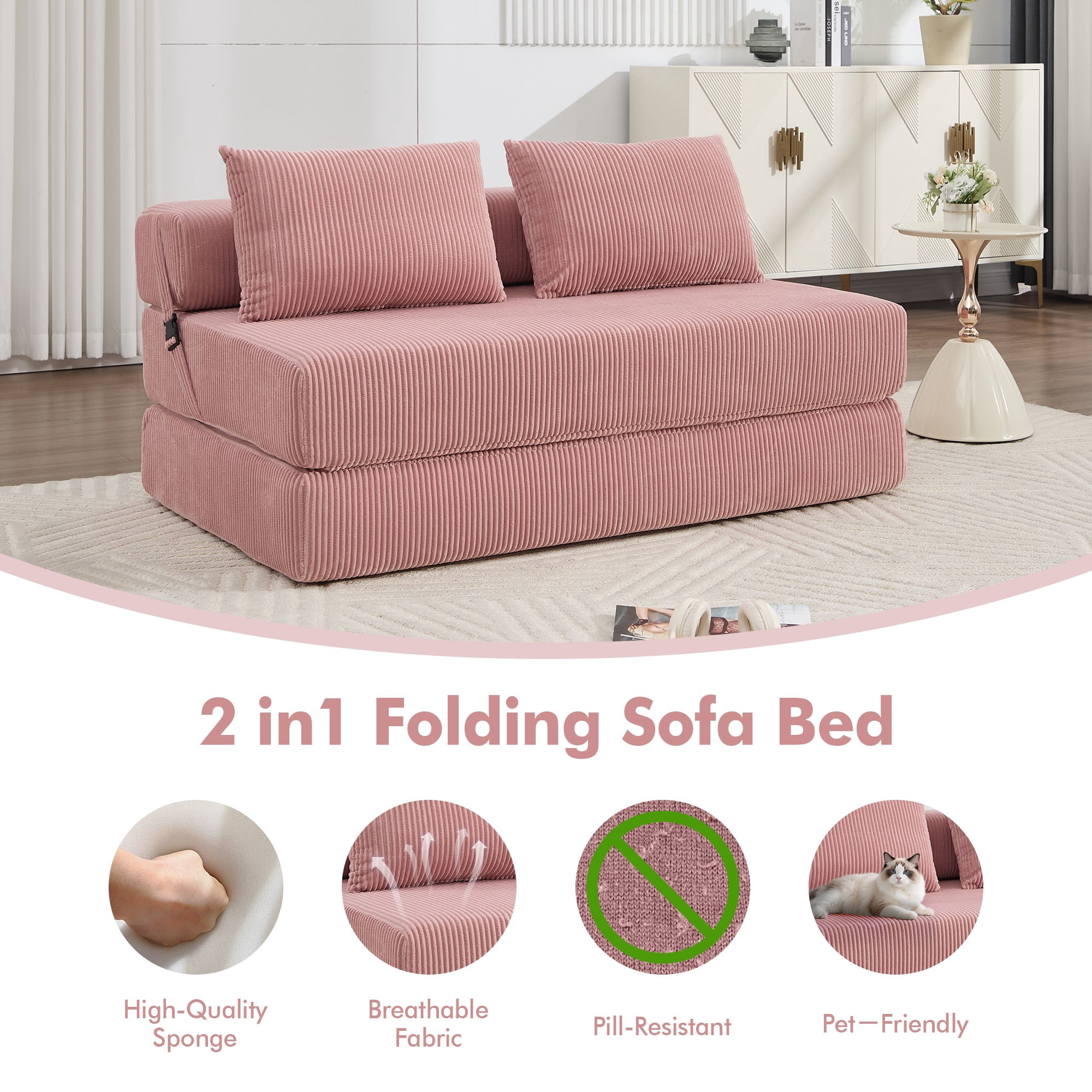 Aukfa Full Size Folding Sofa Bed, Loveseat Sleeper, Corduroy Convertible Floor Couch Mattress for Living Room, Dorm, Guest Room, Pink