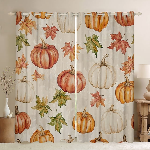 YST Fall Curtains For Bedroom, Autumn Pumpkins Leaves Curtains & Drapes Rustic Farmhouse Decor Curtains, Thanksgiving Harvest Seasonal Maple Leaves Window Treatments 52''Wx84''L, 2 Panels
