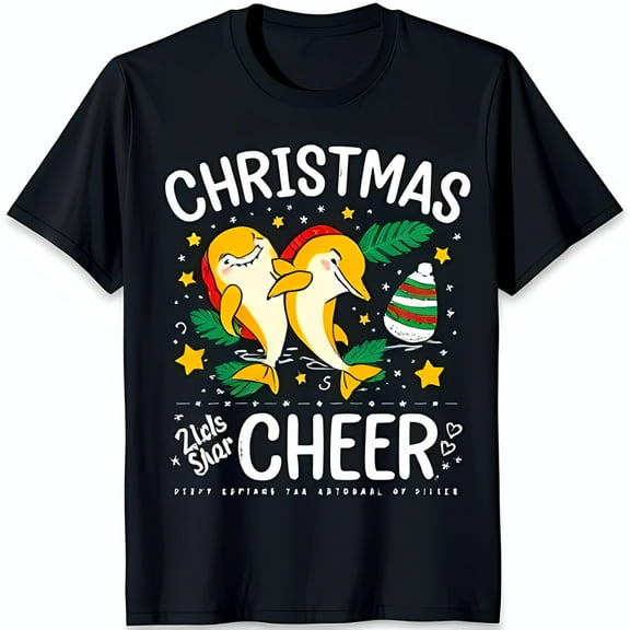Festive Black T-Shirt with Cartoon Dolphins Christmas Cheer Graphic