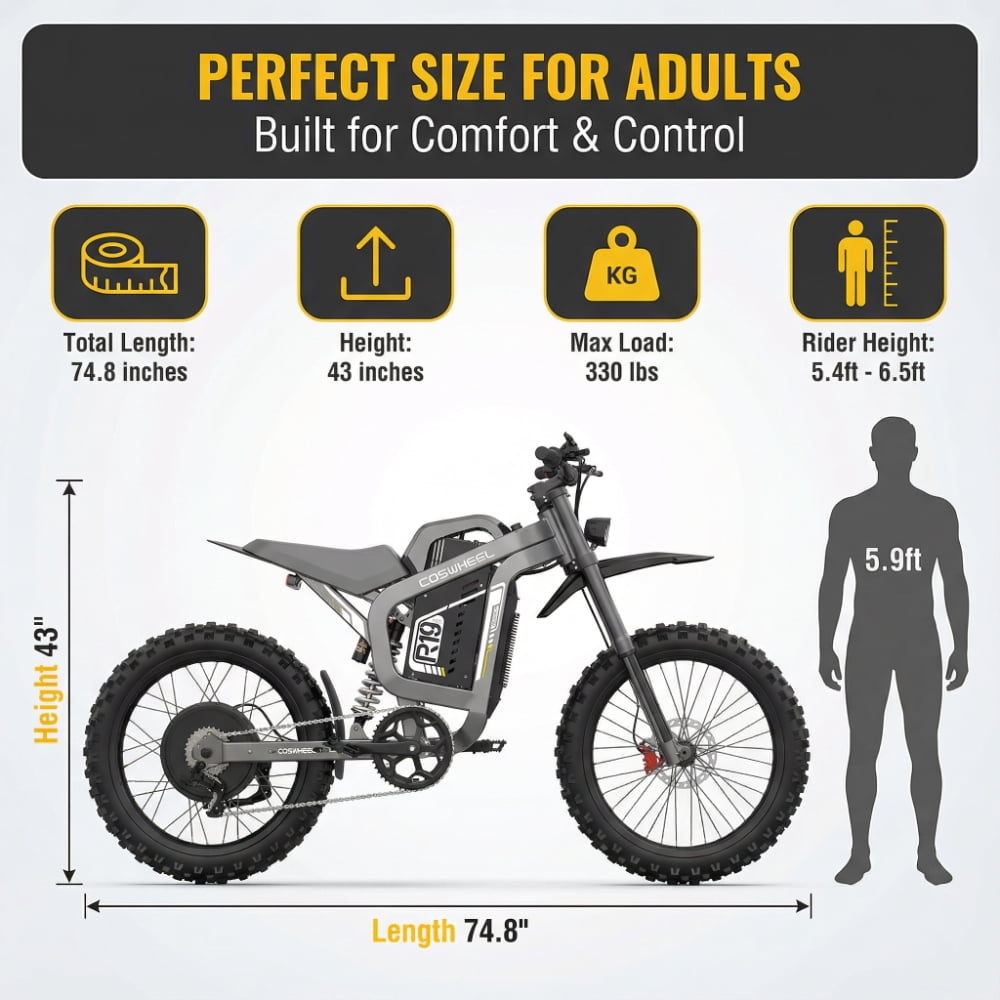 Electric Dirt Bike for Adults, 72V 40Ah, 75 Miles, 6000W Motor, 45MPH