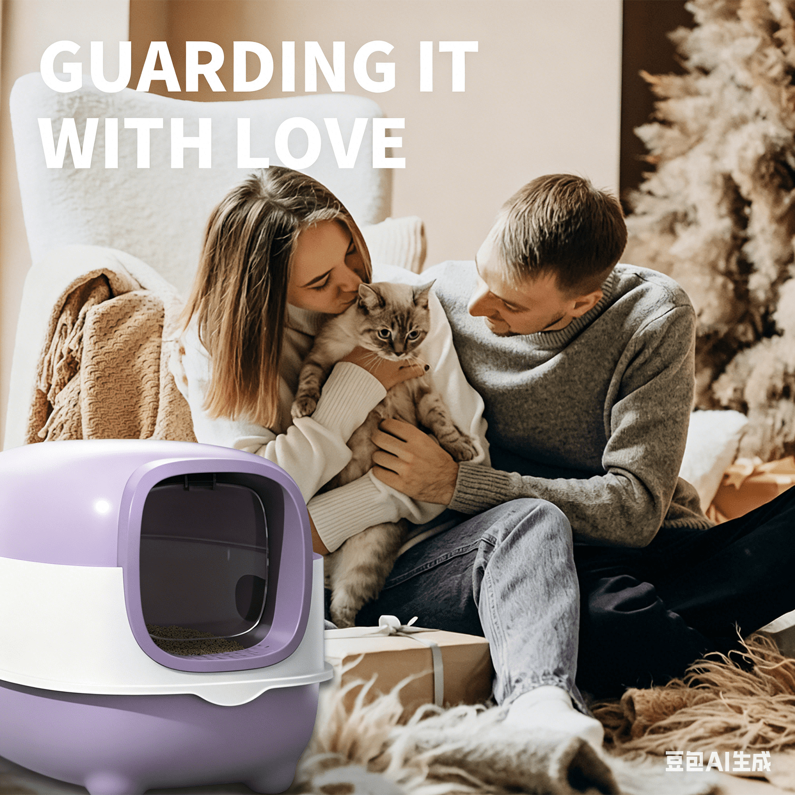 Fully enclosed purple cat litter box, comes with a cat litter scoop, smooth material, suitable for medium and small-sized cats