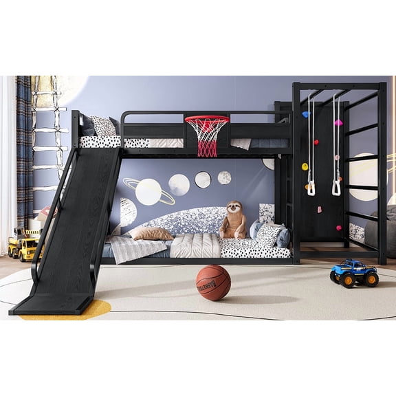 Bellemave Twin Size Bunk Bed with Basketball Hoop, Climbing Wall, Slide & Bookshelves, Black