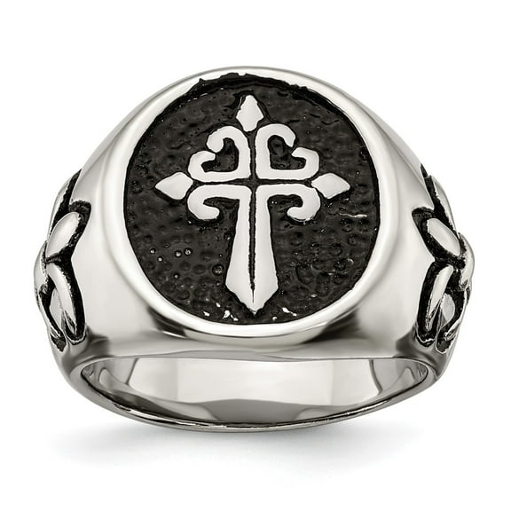Primal Steel Stainless Steel Antiqued and Polished Fleur de Lis Cross Ring