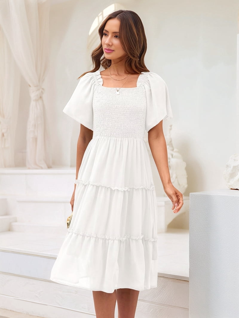 Women'S Summer Casual Flutter Sleeve Square Neck Smocked Midi Dress White XL