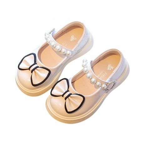 

Little Girls PU Leather Shoes with Bow-knot Pearls Beading Princess Soft Toddler Flats Kids Shoes