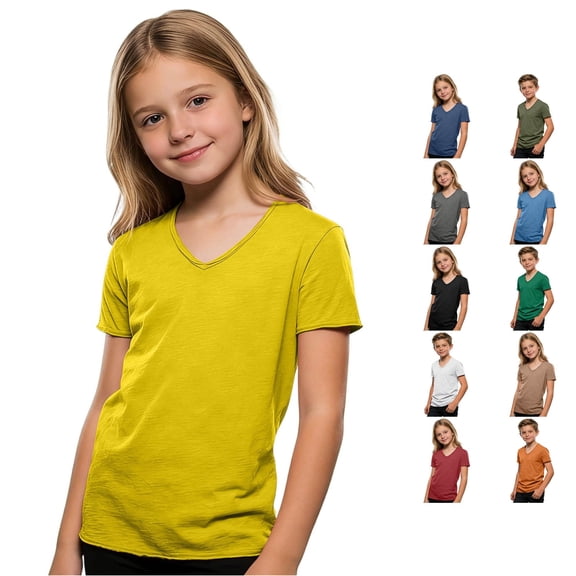 OSOLU Boys T-Shirt V Neck Solid Color Short Sleeve Plain Minimalist Youth Outdoor Casual Tops Yellow