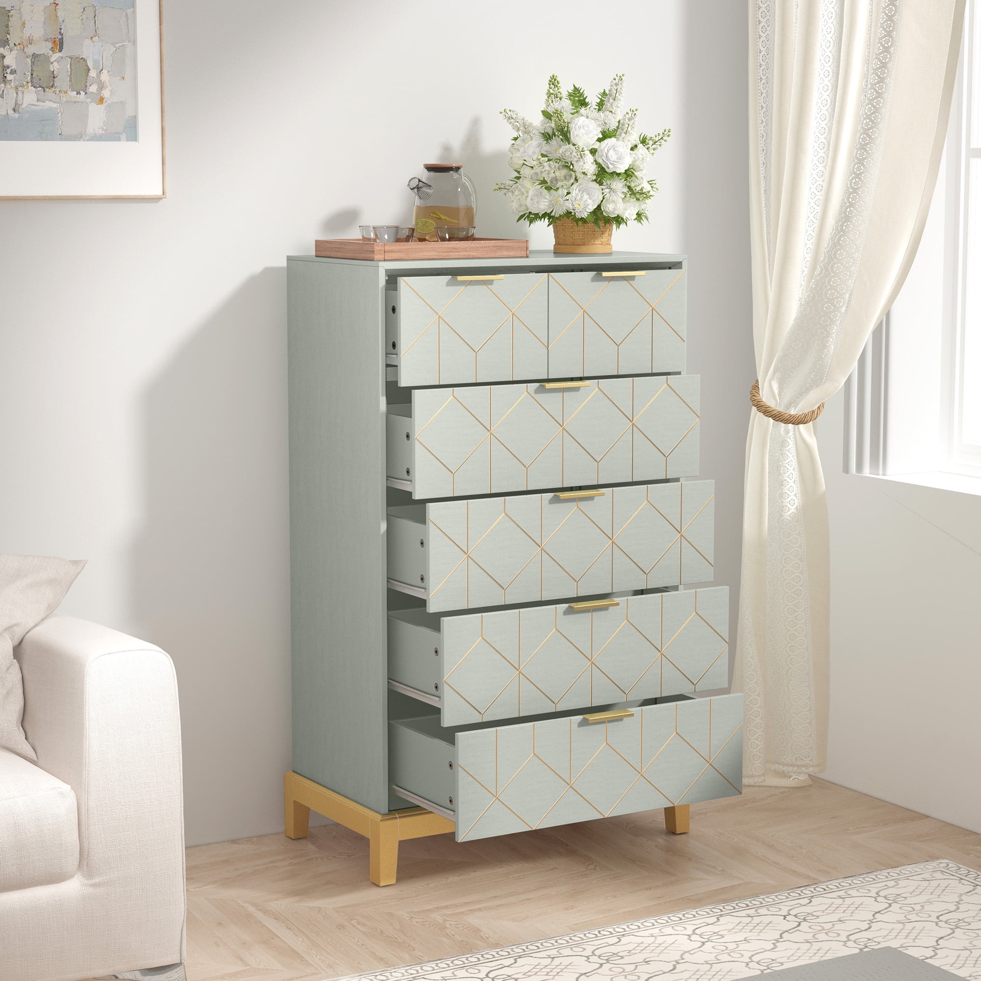 HLR Tall Storage 6-Drawer Modern Chest of Drawers with Gold Trim, Green