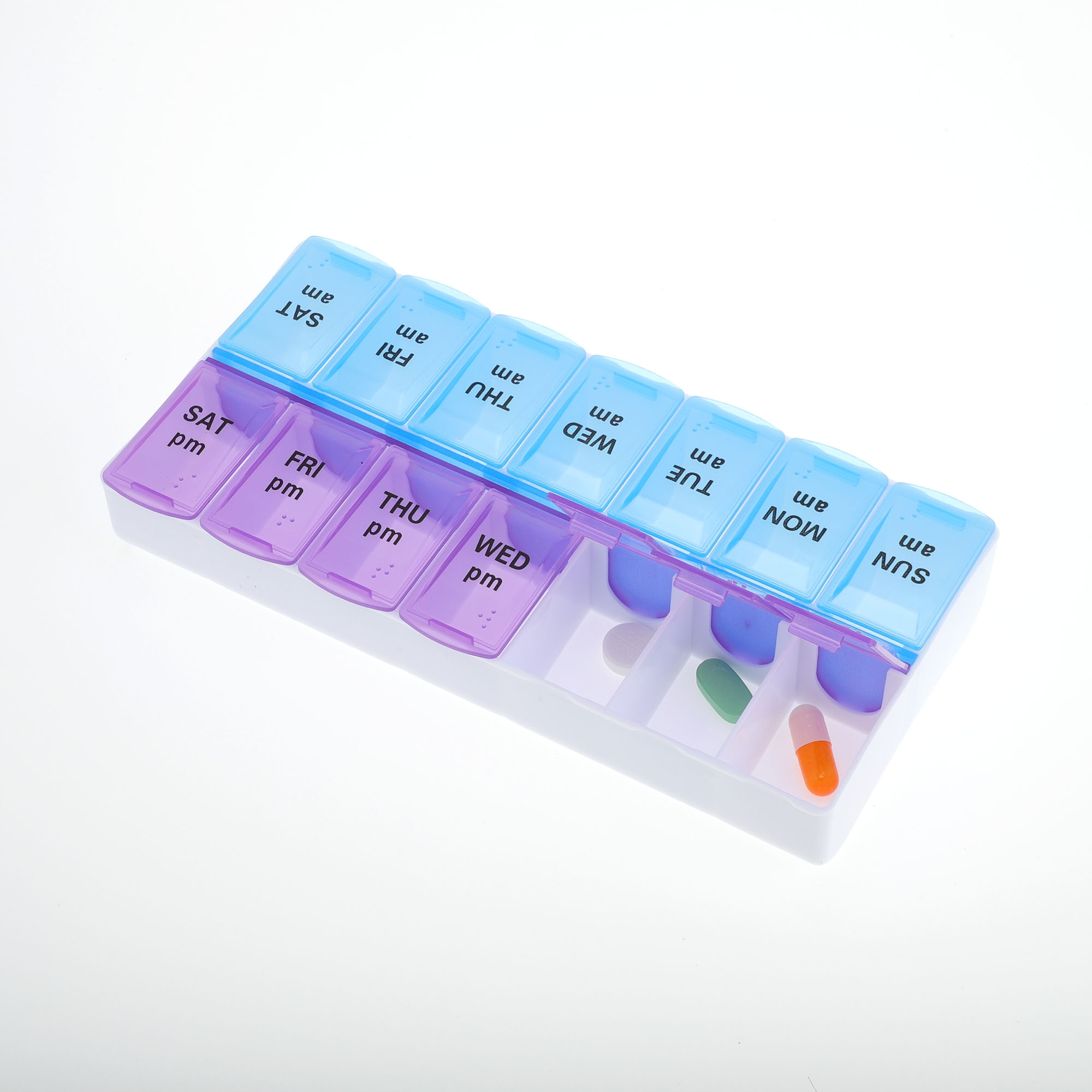 Unique Bargains Compact 14 Grids Double Row Pill Box for Travel and Daily Use Purple Blue