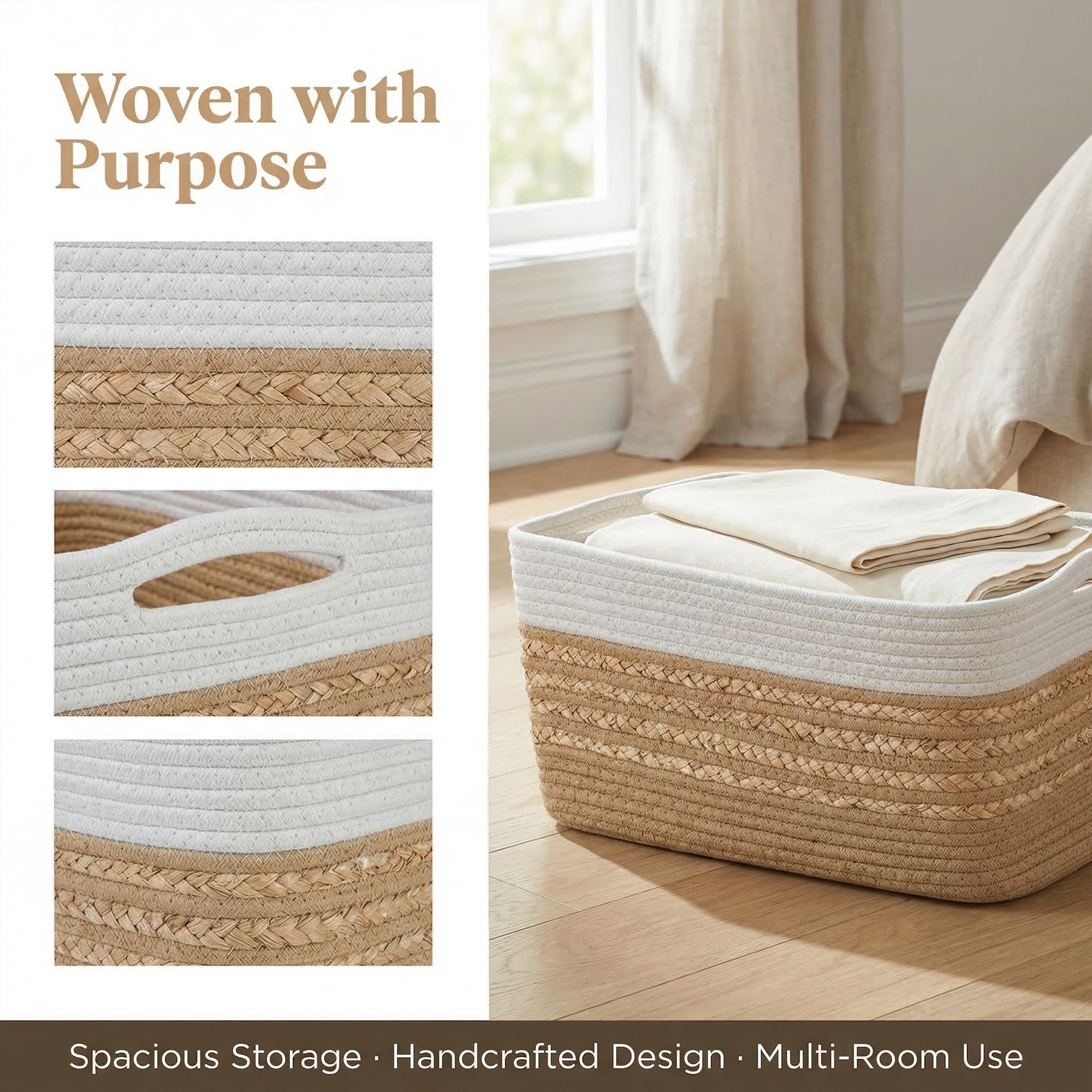 Unique Bargains Woven Storage Basket Storage Bin White Brown 18.9*11*9.1in