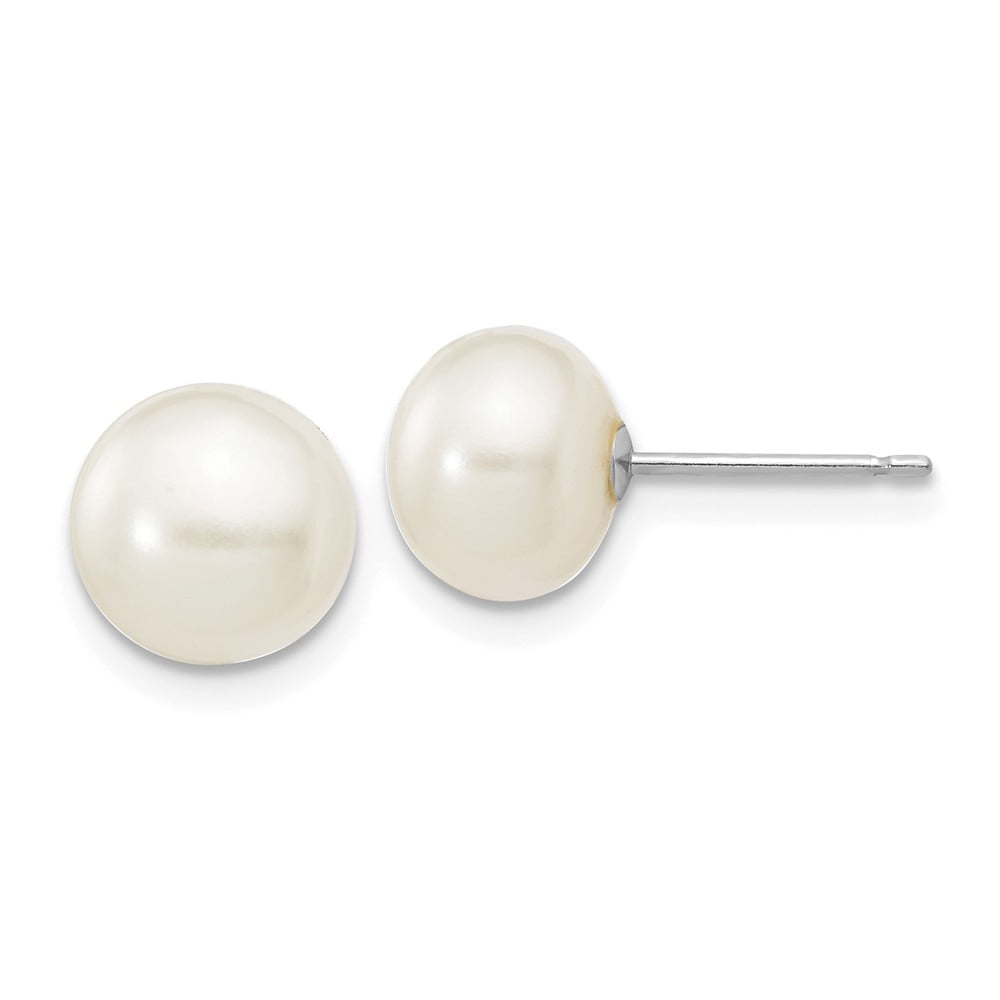 14K White Gold 7-8MM White Button Freshwater Cultured Pearl Stud Post Earrings