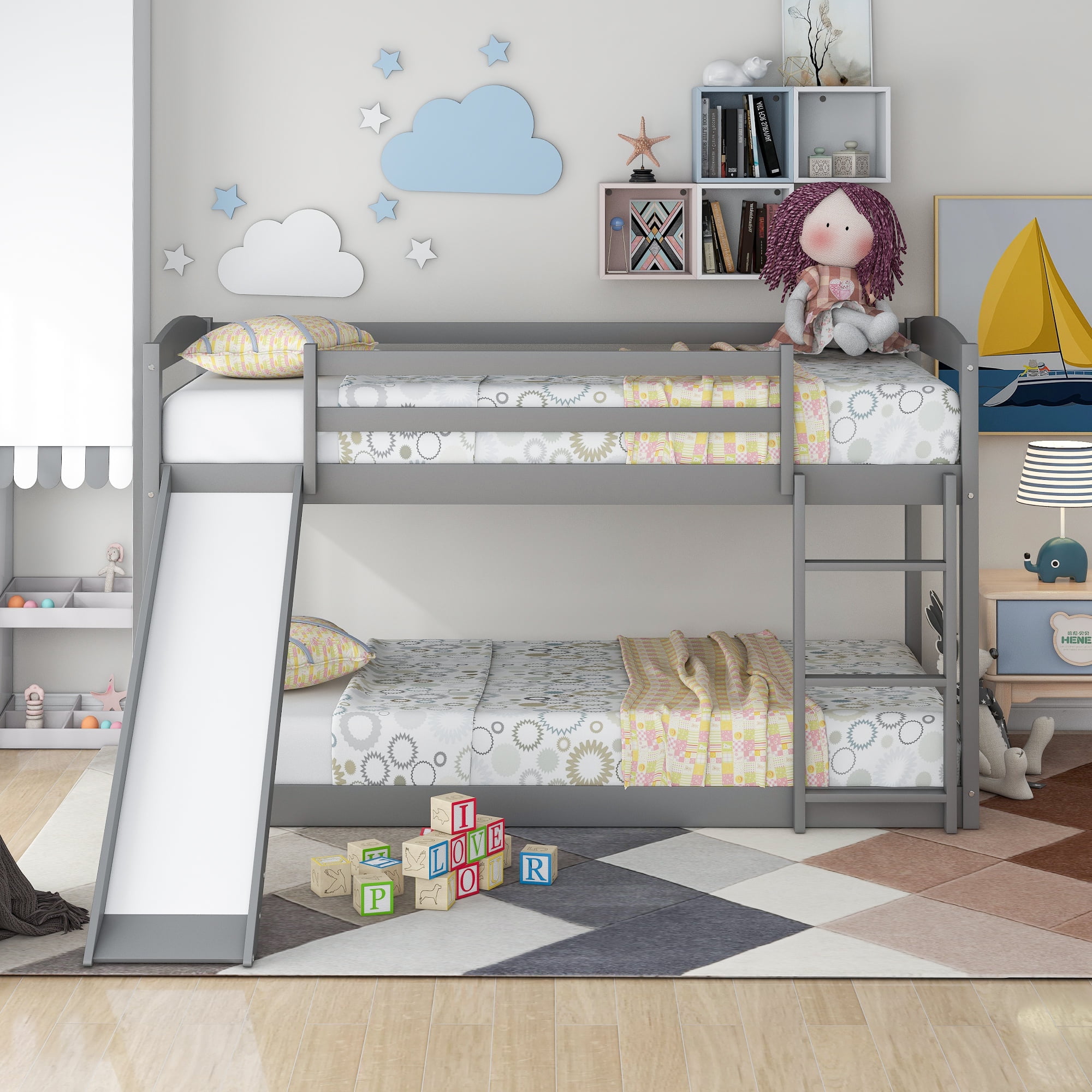 Euroco Solid Wood Kids Twin over Twin Bunk Bed with Slide and Ladder, Gray