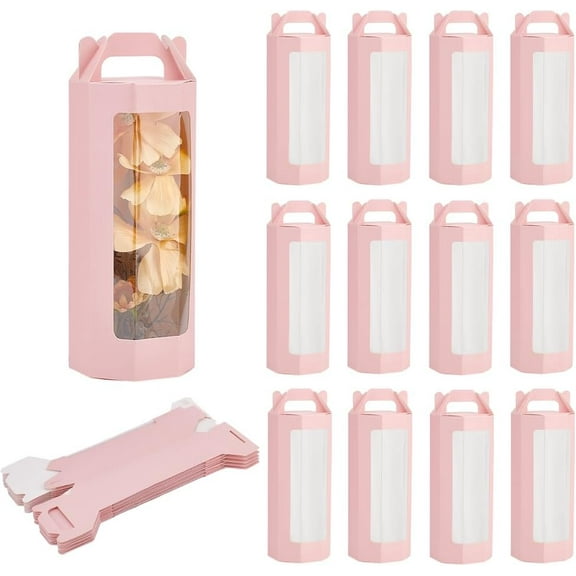 2 set 10pcs Paper Gift Storage boxes with Visible Window Packaging Carton boxes Octagon Pink 8.8x3.5x24.5cm