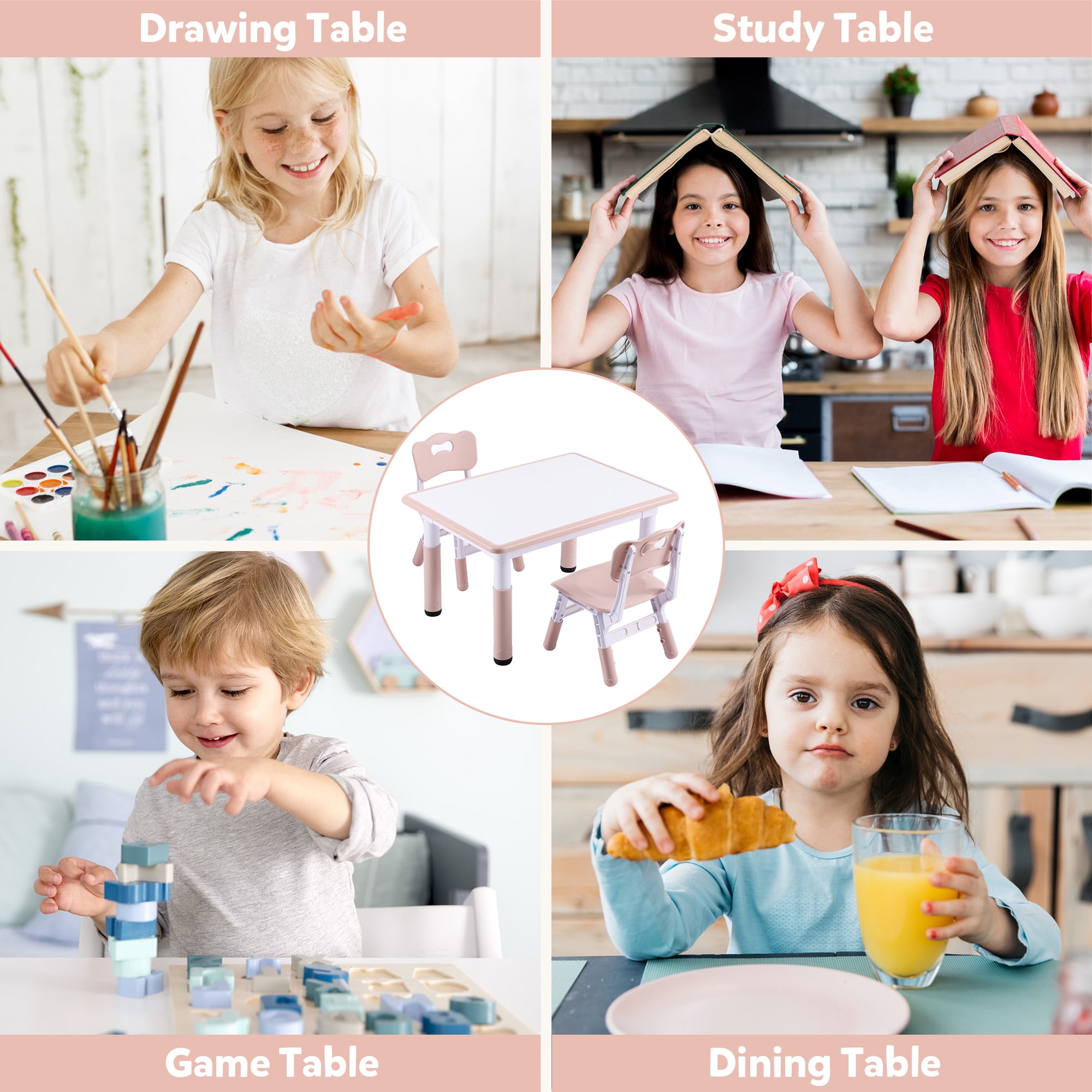 DOREROOM Kids Table and 2 Chairs Set, Height-Adjustable Toddler Table and Chair Set with Graffiti Desktop, 31.5''L x 23.6''W Children Activity Table for Daycare, Classroom, Home