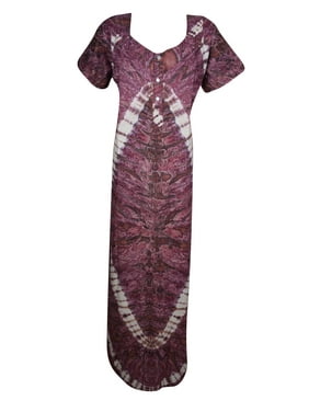 Mogul Women's Maxi Dress Cotton Tie Dye Button Front Short Sleeves Nightwear Evening Dress L