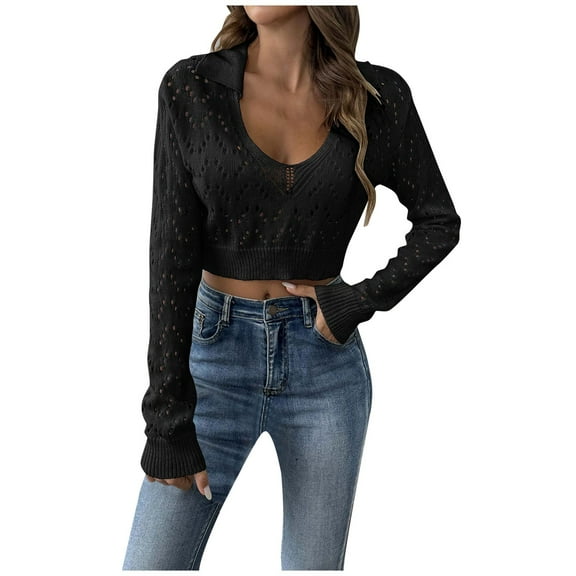 POROPL Pullover Sweaters for Women Long Sleeve Cropped Sweater Casual Hollow Knitted Blouse Top,Lightweight,Size S-XL
