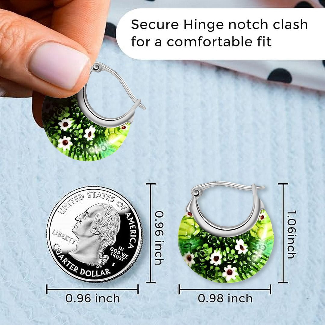 Green Murano Style Millefiori Glass Hoop Earrings for Women Daisy Flower Stainless Steel Jewelry Ct. 30 Birthday Christmas Gifts