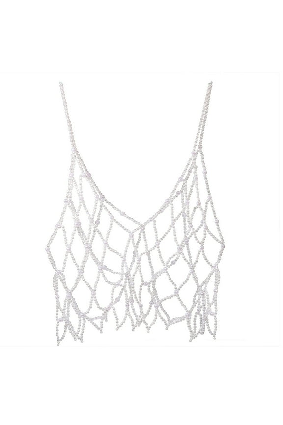 Women Handmade Woven Body Chain Camisole Imitation Pearl Crystal Beaded Vest Hollow Out Mesh Tank Top Body Jewelry Festival Clubwear