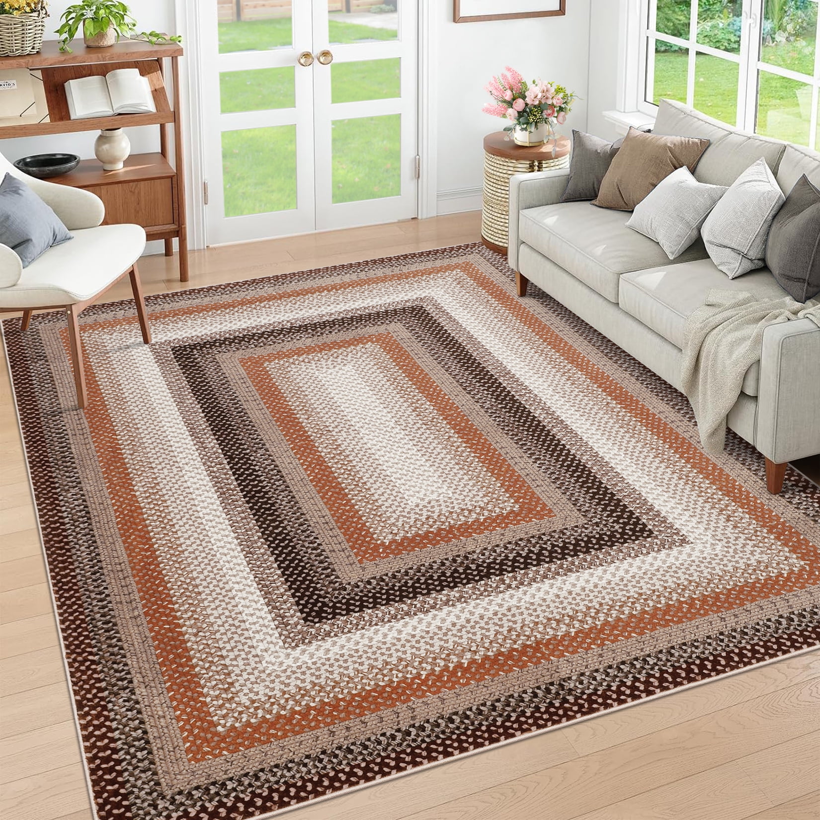 HOMERRY Braided Print Border Non Slip Area Rug 9' x 12' for Living Room Washable Indoor Carpet, Brown/Orange