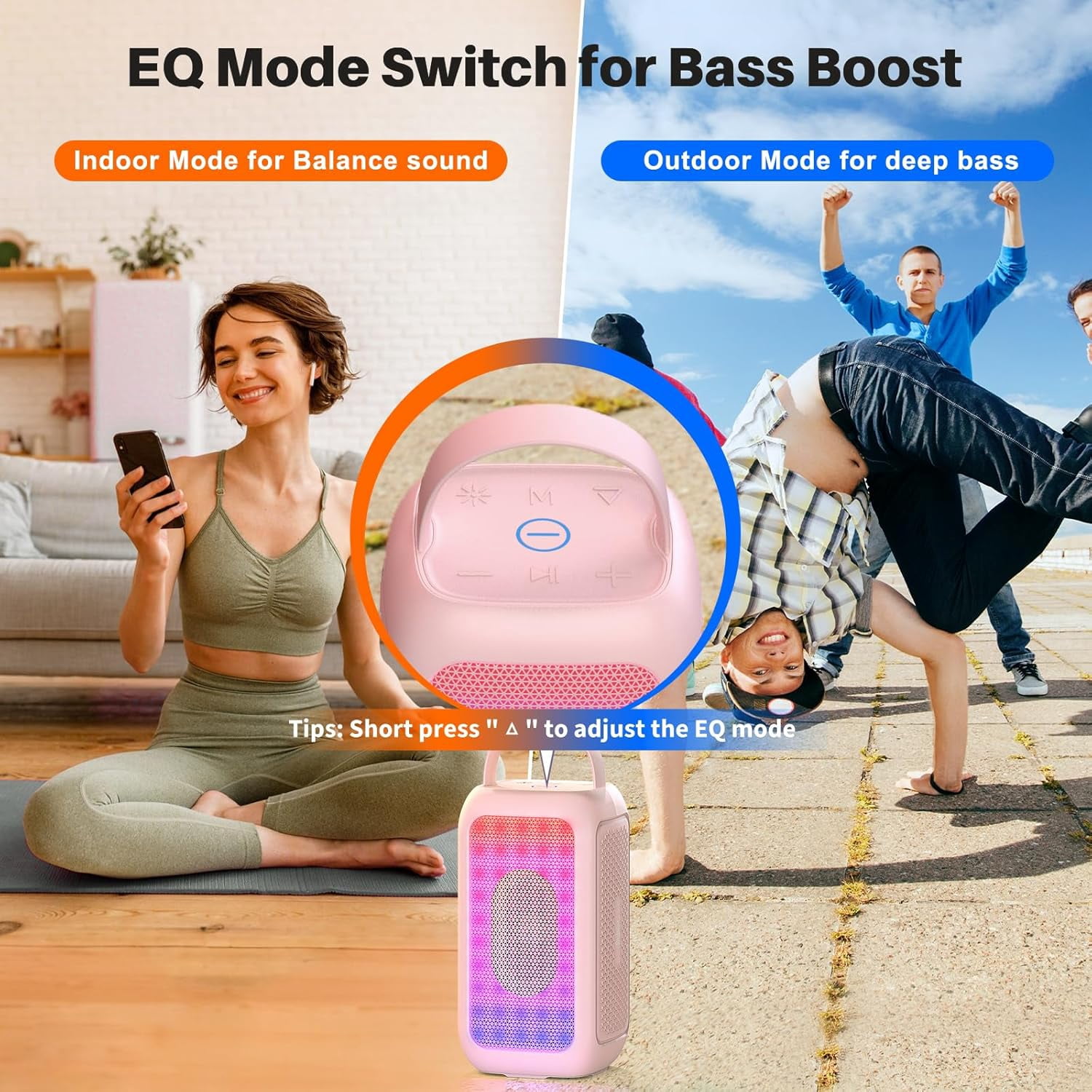 Bobtot Portable Bluetooth Speaker RGB Music Sync Ambient Light Portable Home Family Karaoke With Microphone Magic Voice,Deep Bass,Supports AUX,USB,FM Indoor Outdoor Party Singing Player（Pink）