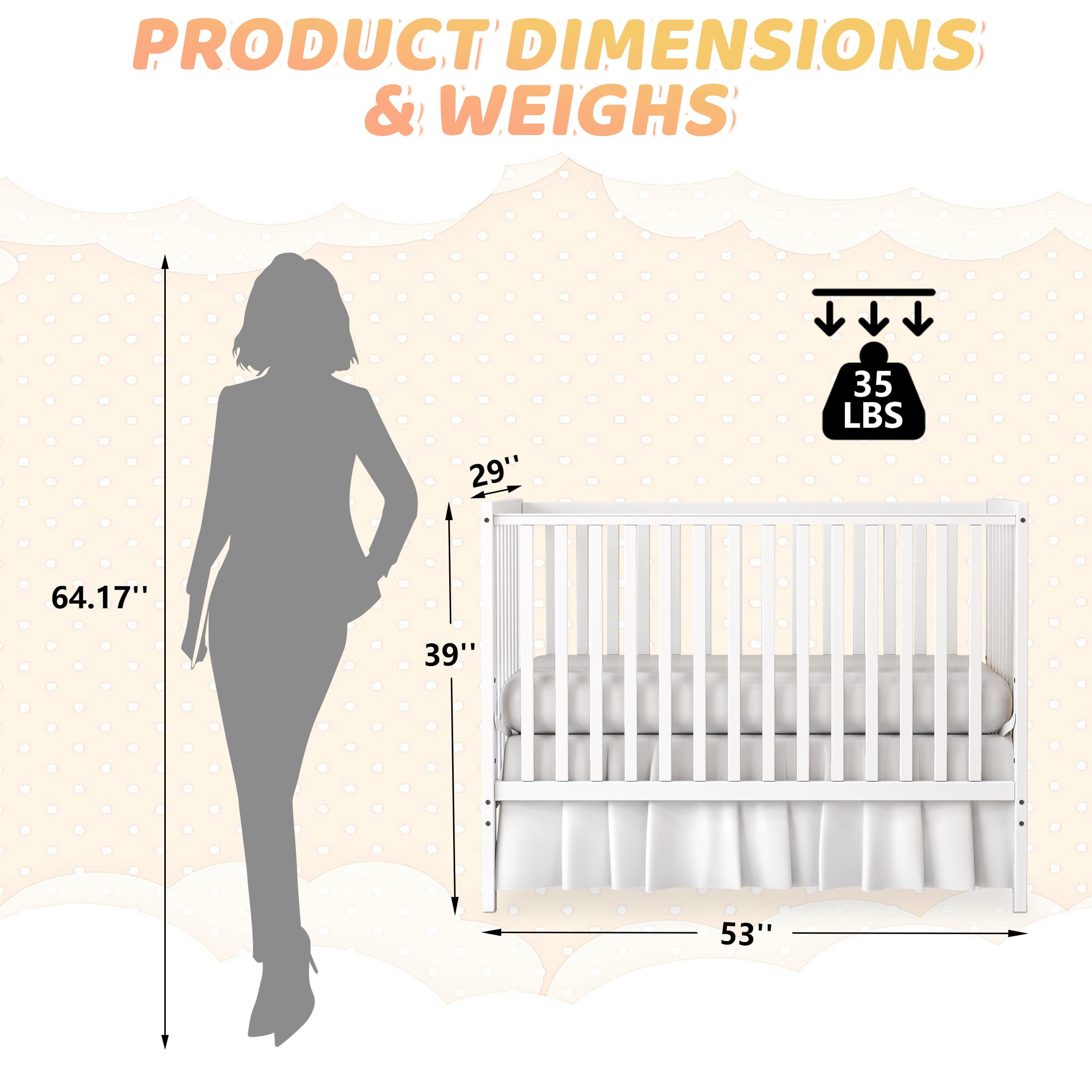 SESSLIFE 5-In-1 Convertible Crib, White Baby Bed, Converts from Baby Crib to Toddler Bed, Fits Standard Full-Size Crib Mattress(Not Included)