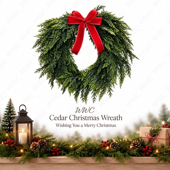 WWC Christmas Wreath, Artificial Pine Cedar Heart-Shaped Holiday Wreath with Bow, Rustic Christmas Decorations Winter Wreath for Front Door Mantel